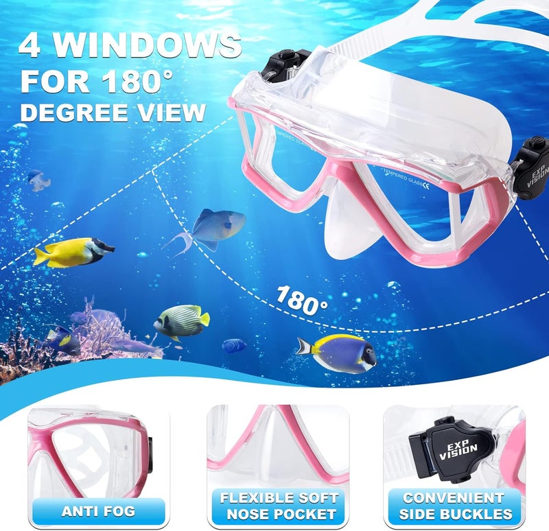 EXP VISION Snorkel Set Pano 4 Adult Snorkeling Gear, Professional Anti-Fog Snorkel Mask Dry Top Snorkel, Tempered Glass Scuba Diving Mask for Freediving, Snorkeling and Swimming - Image 2